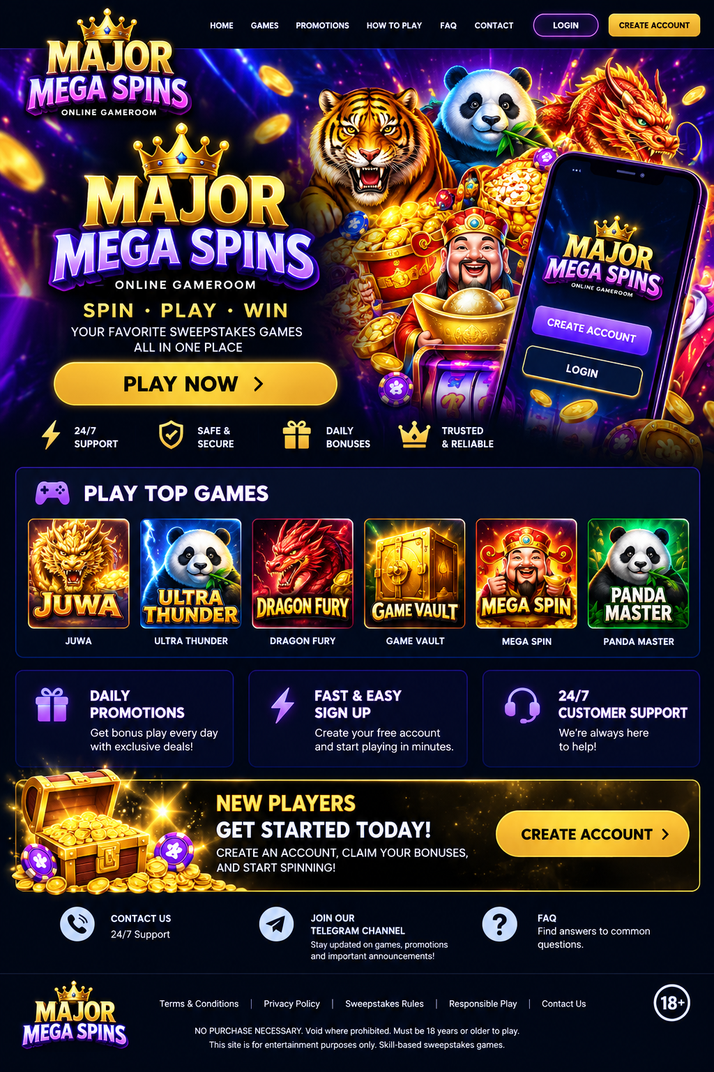 Major Mega Spins colorful promotional artwork with game characters and platform illustrations